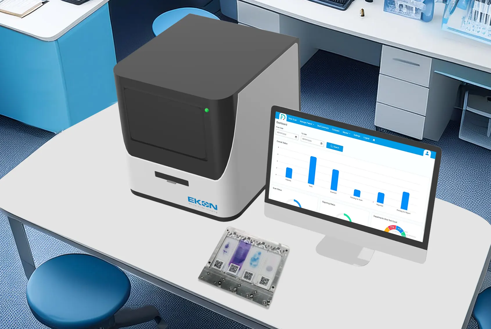 A lab setup with EKON device accompanied by a monitor displaying bar graphs and slide tray with inserted slides containing samples