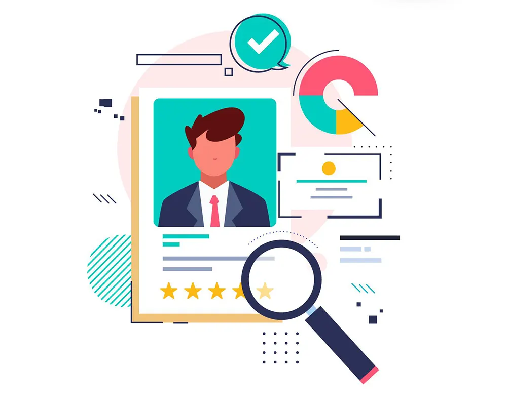 A graphic illustration of a profile card suggesting a review or analysis of the profile