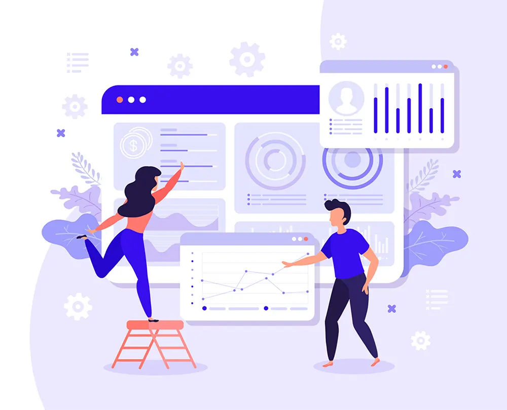 An illustration of  analyzing data on large screens displaying various charts and graphs